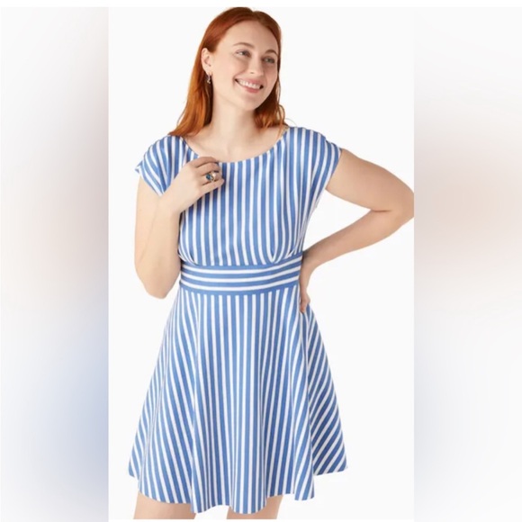 Kate Spade ♠️ Basket Stripe blue white Ponte Fiorella Dress Sz large XL - Picture 2 of 9